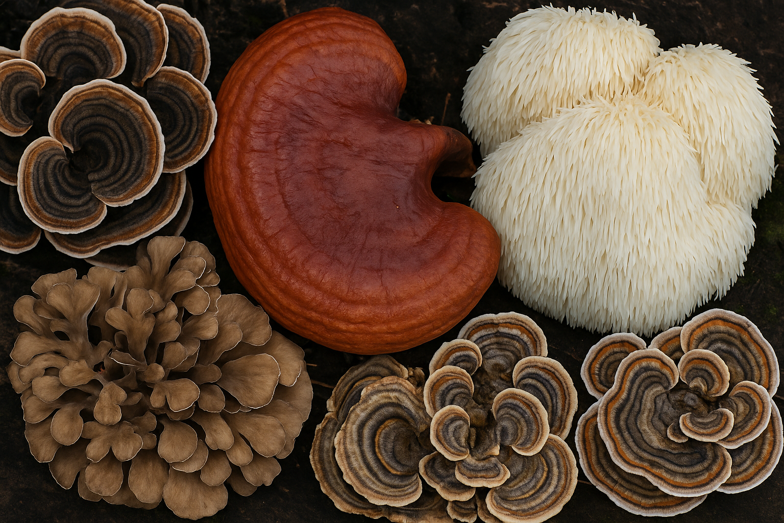 Assortment of different medicinal mushrooms including Lion's Mane, Reishi, Chaga, Turkey Tail and Cordyceps